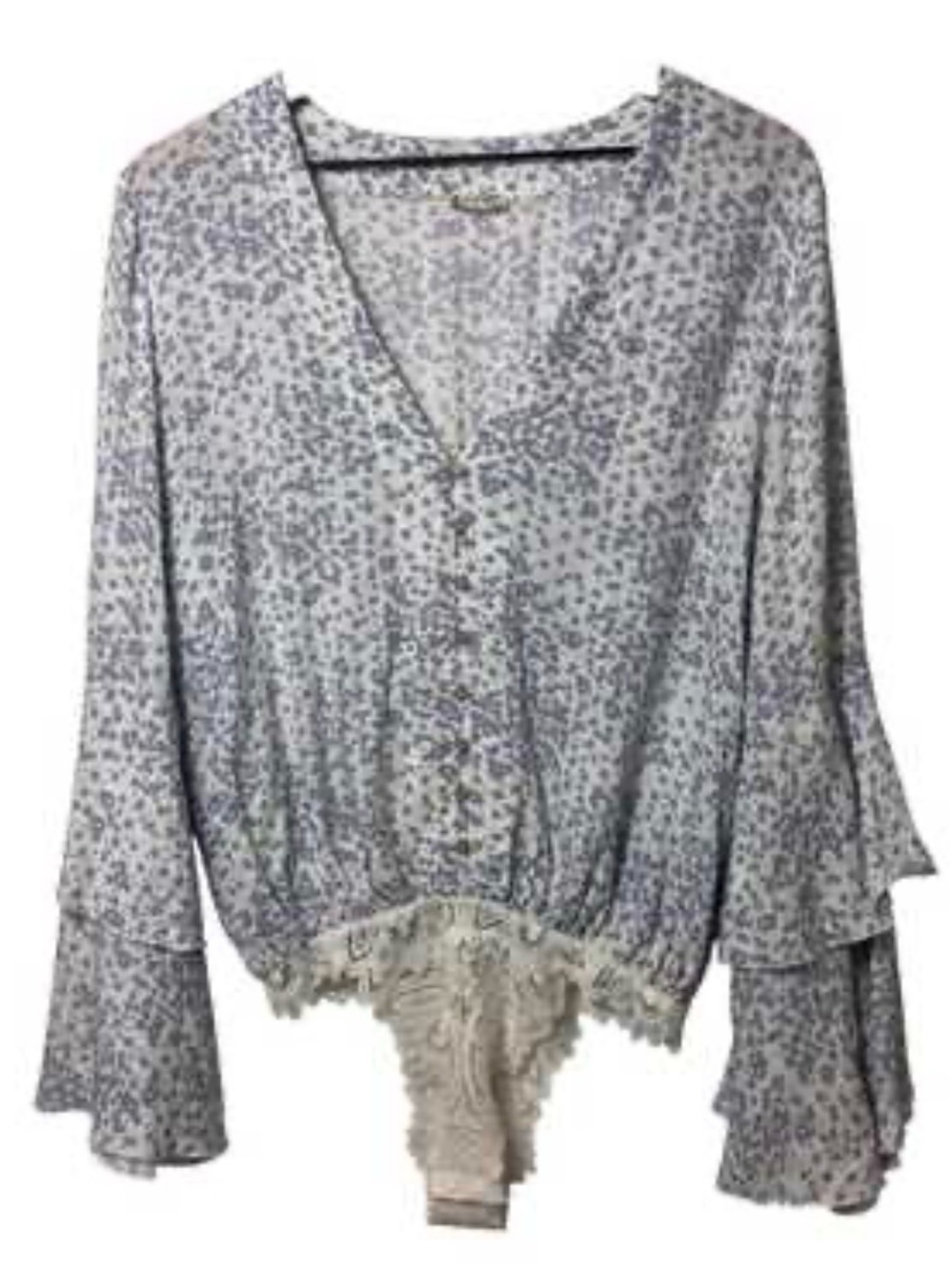 Free People Floral Button-Front Bodysuit in White and Gray